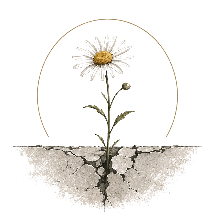 A daisy growing through cracked concrete, with a thin gold arc rising behind it.