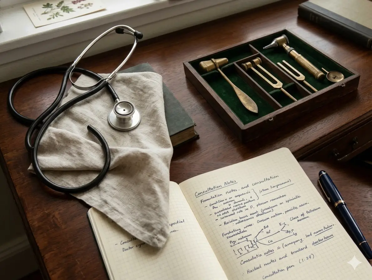 A still-life arrangement of notebooks, a fountain pen and a magnifying glass on warm timber — representing structured diagnostic work.
