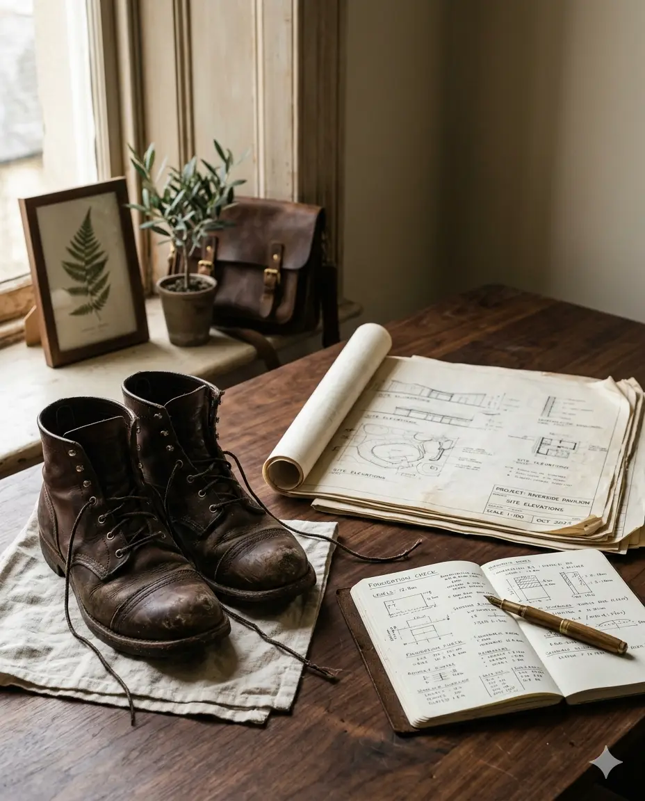 Work boots and a leather satchel beside a hand-drawn map spread on a timber surface — representing hands-on, structured operational engagement.