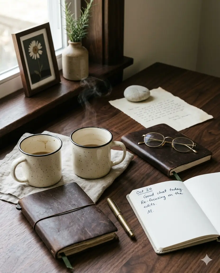 A ceramic mug and leather journal beside a window with soft morning light — representing ongoing, steady support.