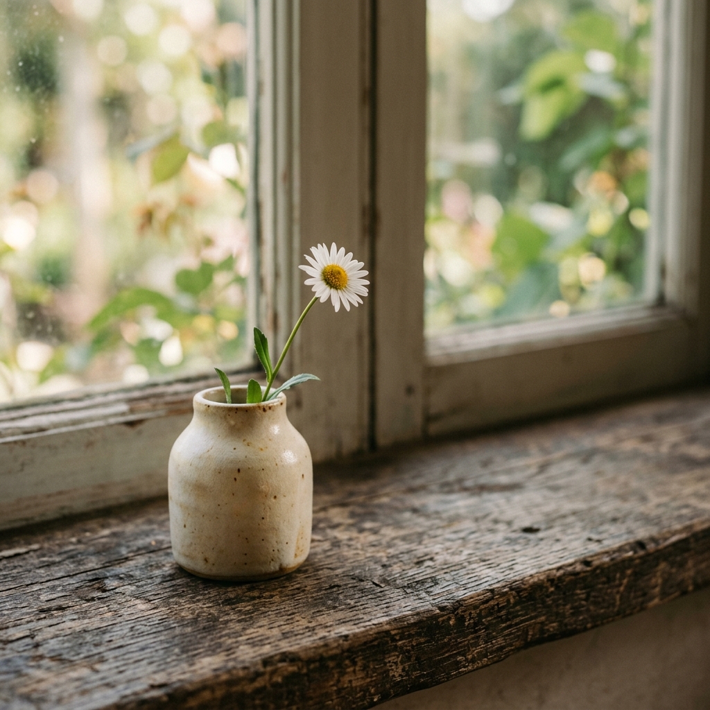 A daisy on a wooden windowsill